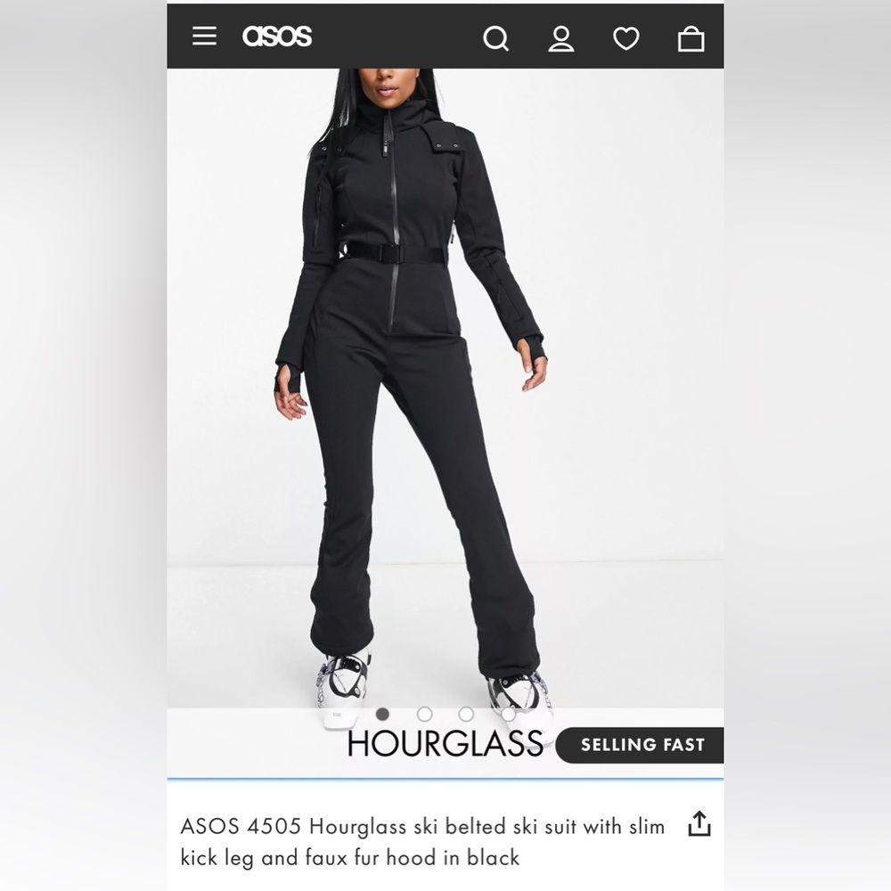 ASOS 4505 Hourglass ski belted ski suit with slim kick leg and faux fur hood